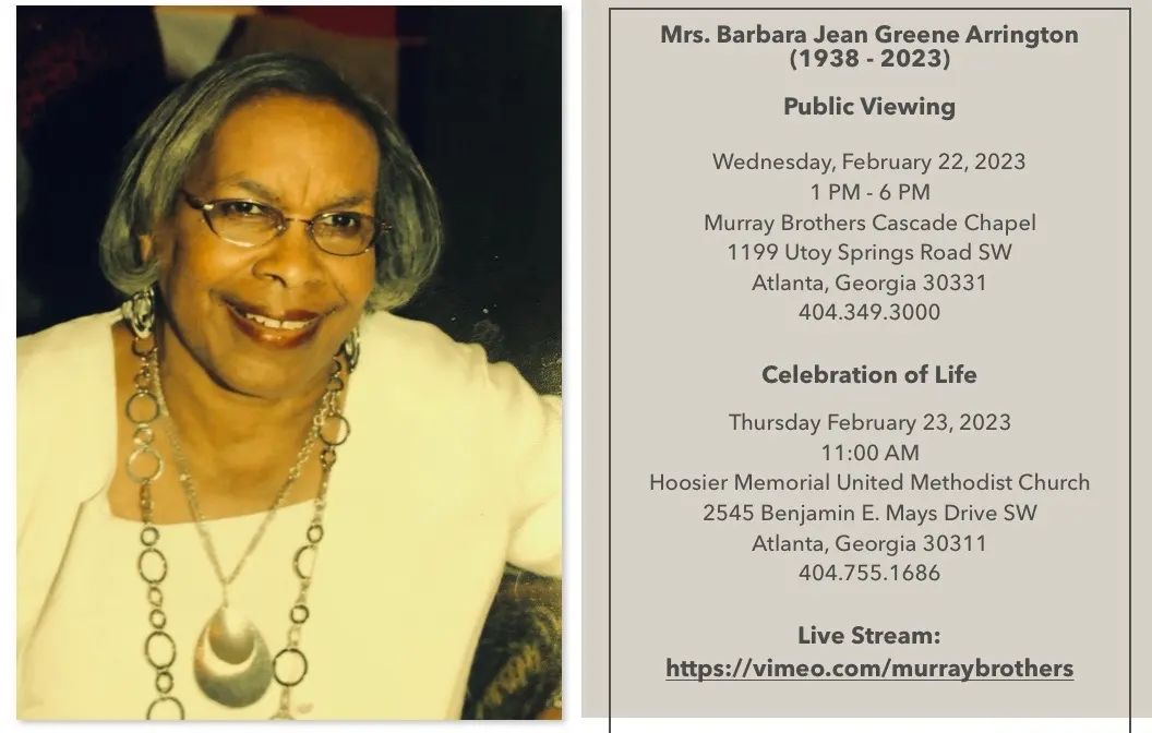 It is with great sadness that we announce the passing of Barbara Jean Green Arrington, Aunt Barbara.